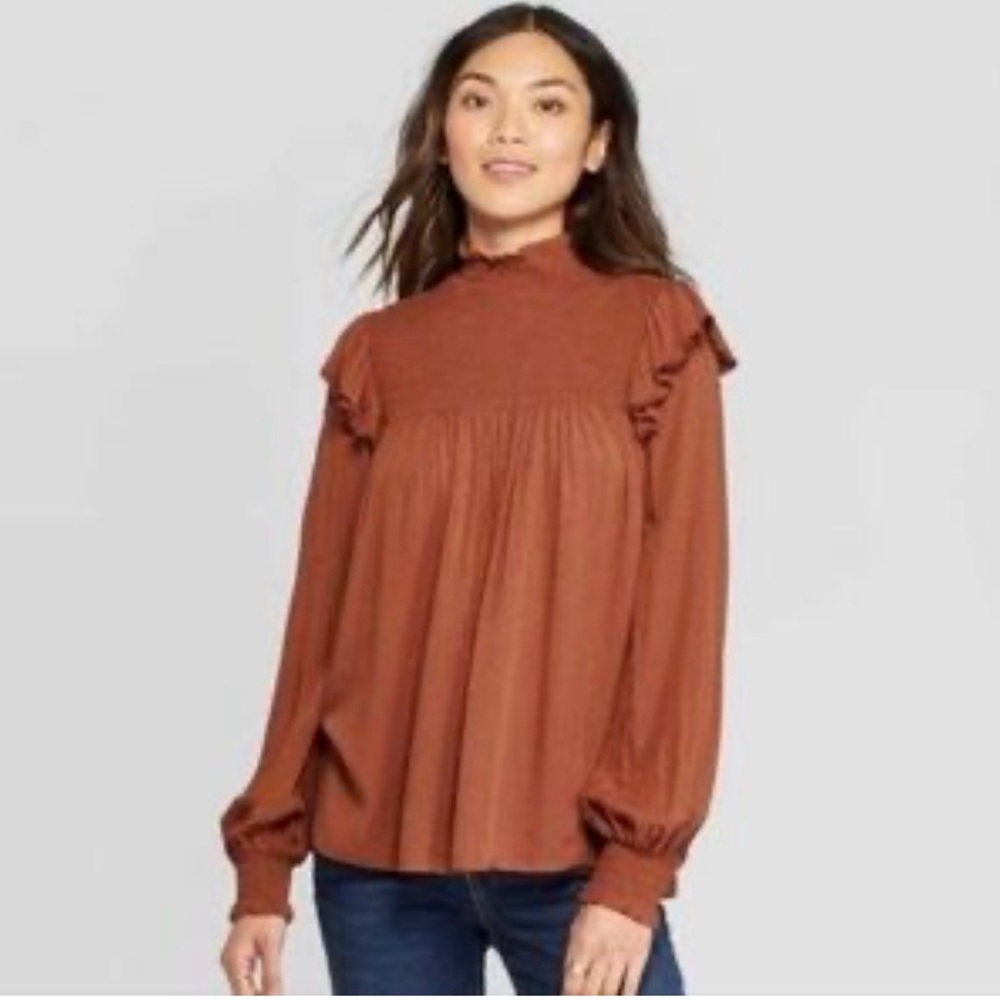 Knox Rose Bohemian Mock Neck Smocked Ruffled Long Sleeve Rust Blouse